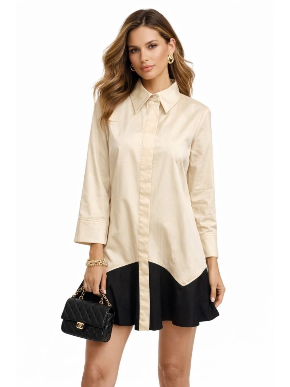 Tuckernuck Colorblock Shirt Dress Beige Black Women L Luxury Preppy Money Office